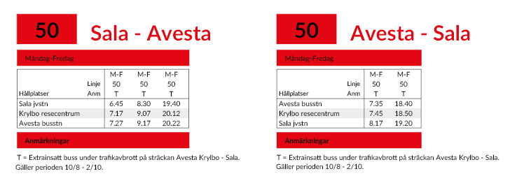 Tidtabell för linje 50