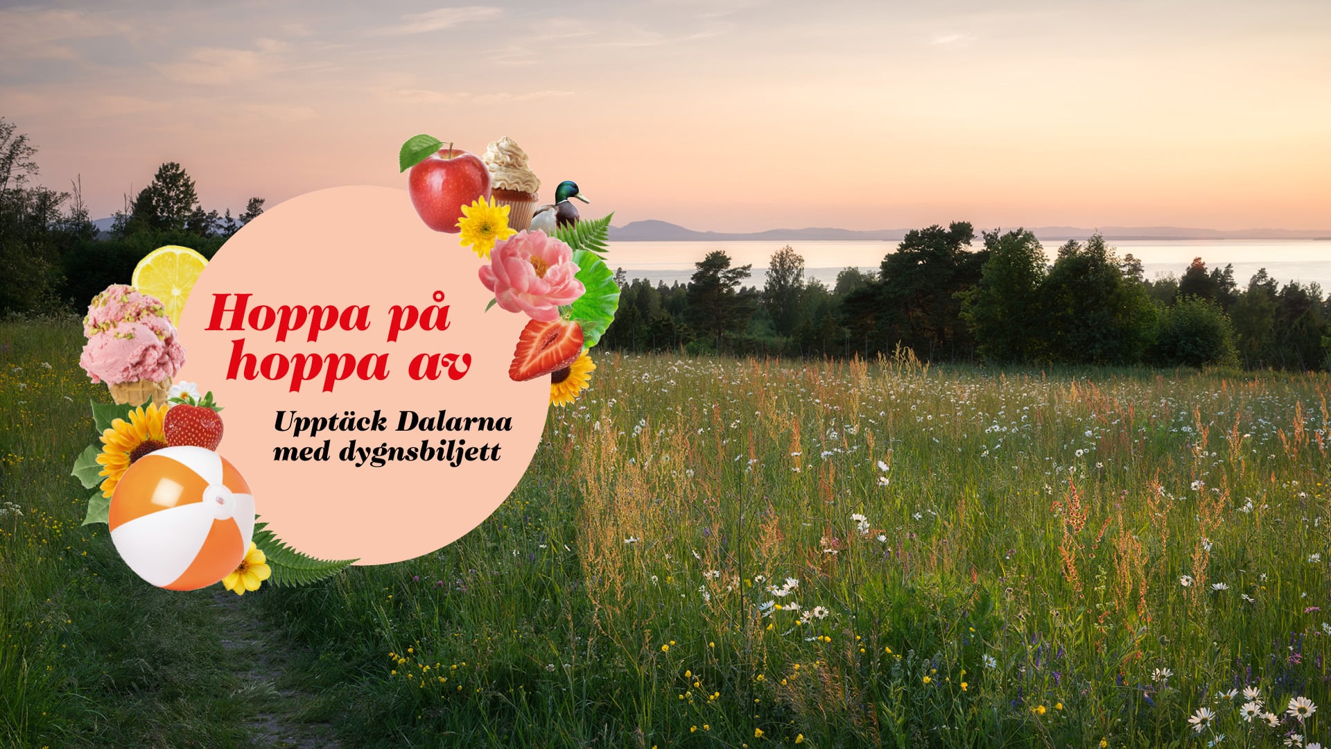 Landskapsmotiv över en sjö och rosa himmel samt en  symbol för Hoppa på Hoppa av